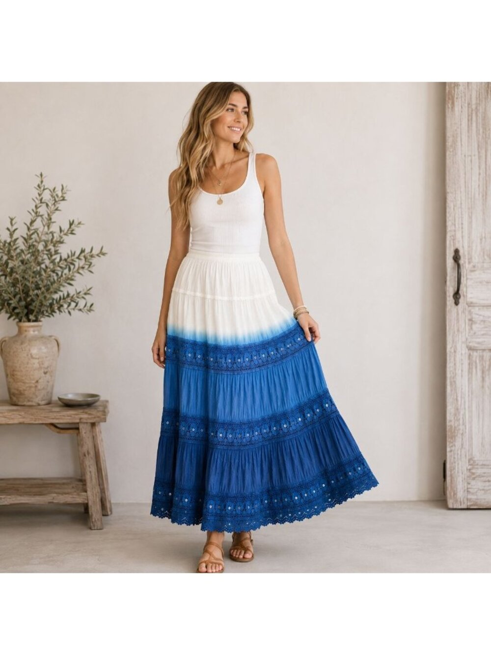 Elementz Ombre Broomstick Maxi Skirt Womens S Blue White Cotton Crochet Boho